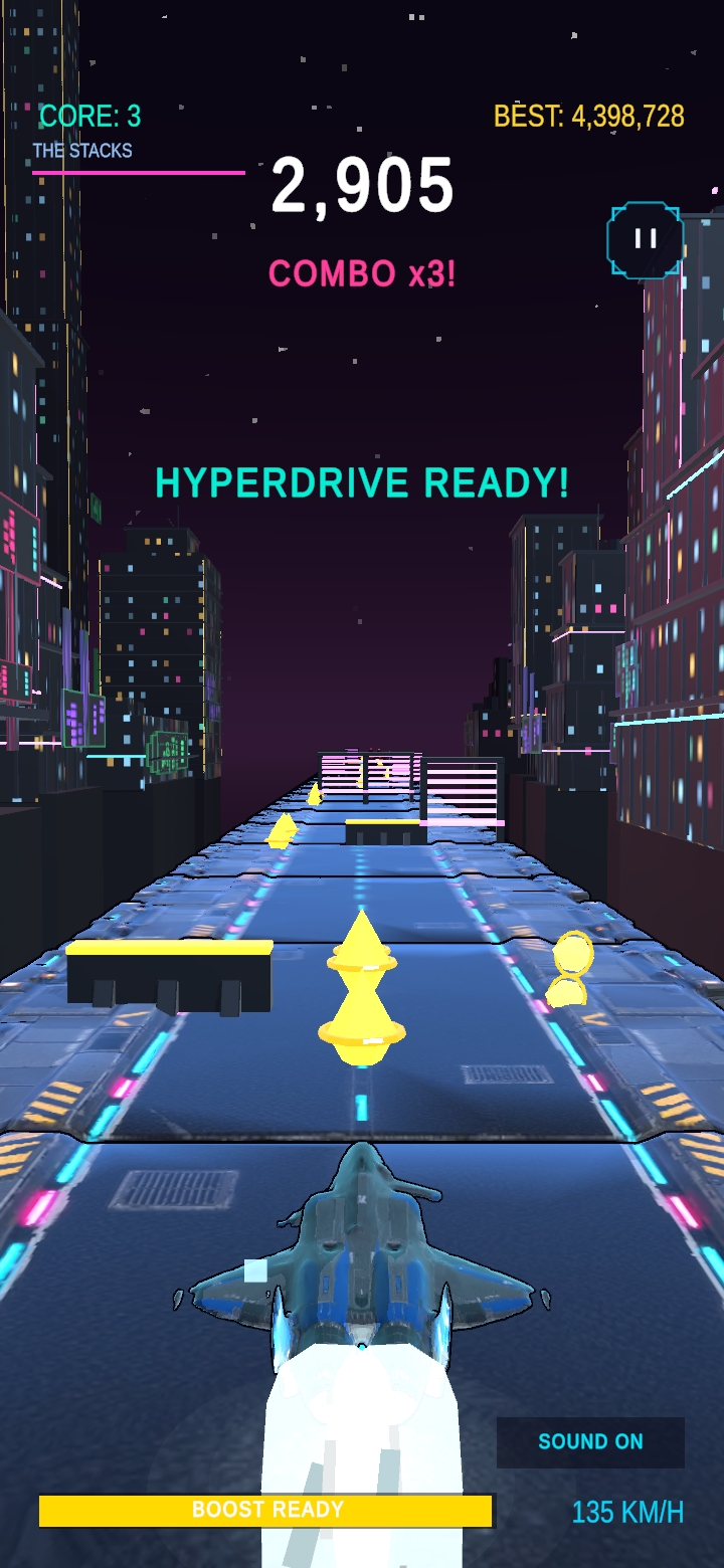 Actual Neon Rush gameplay: a fighter jet with twin rear boosters flies toward obstacles and glowing pickups through a neon city.