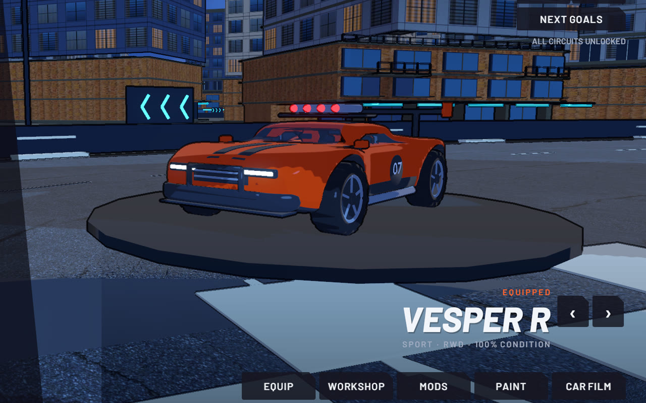 The Vesper R sports car on the garage turntable, with equip, workshop, mods, paint and film options