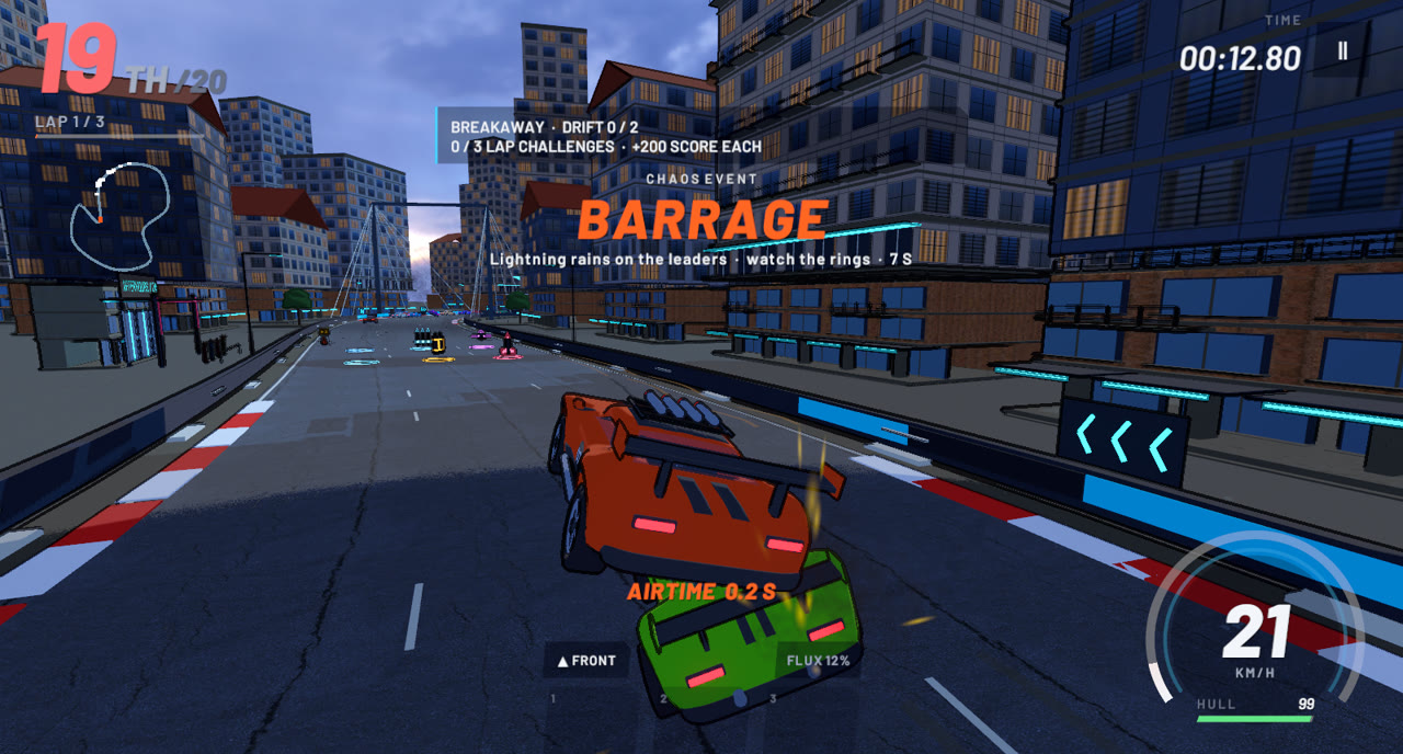 An orange car airborne in the middle of a twenty-car race while a lightning barrage hits the leaders