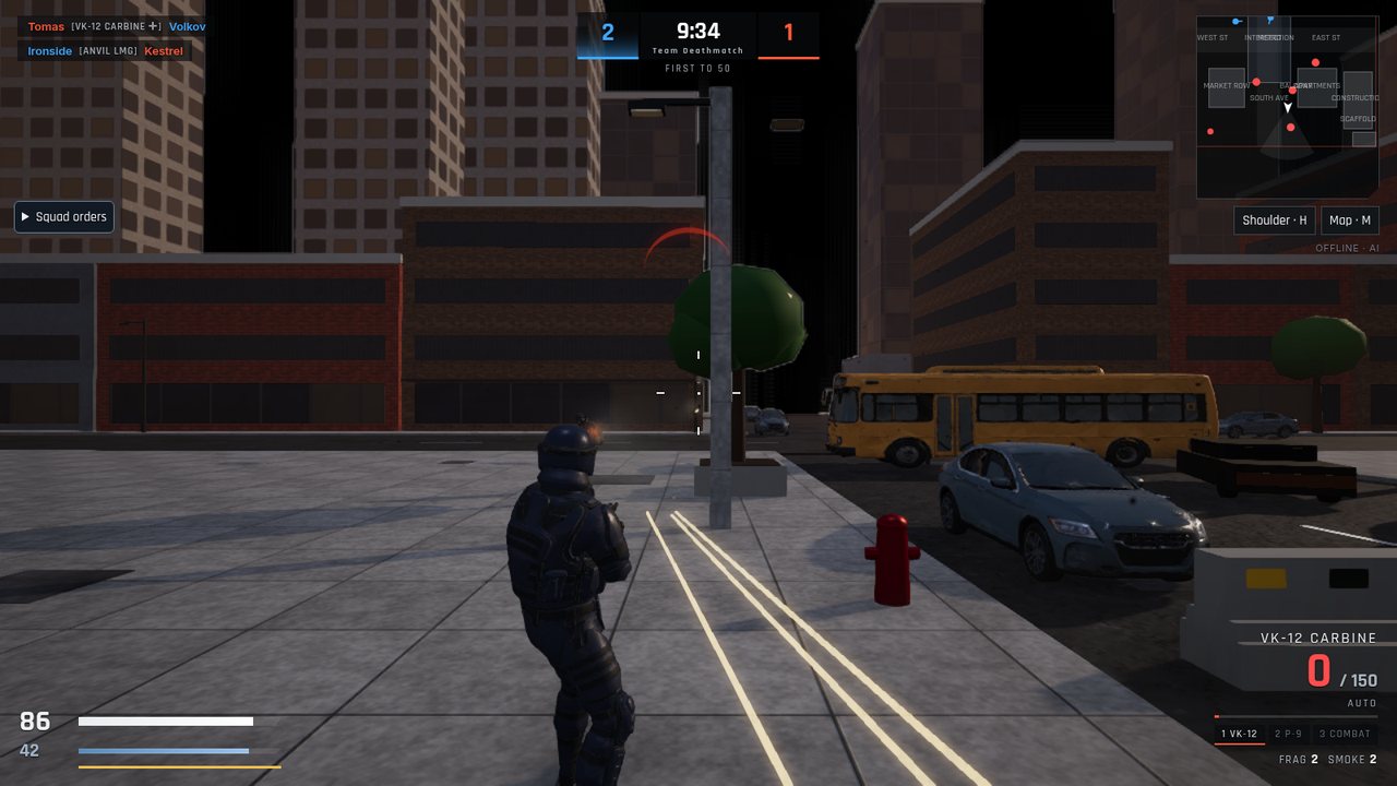 Over-the-shoulder view of a fighter firing tracer rounds across a street in Team Deathmatch