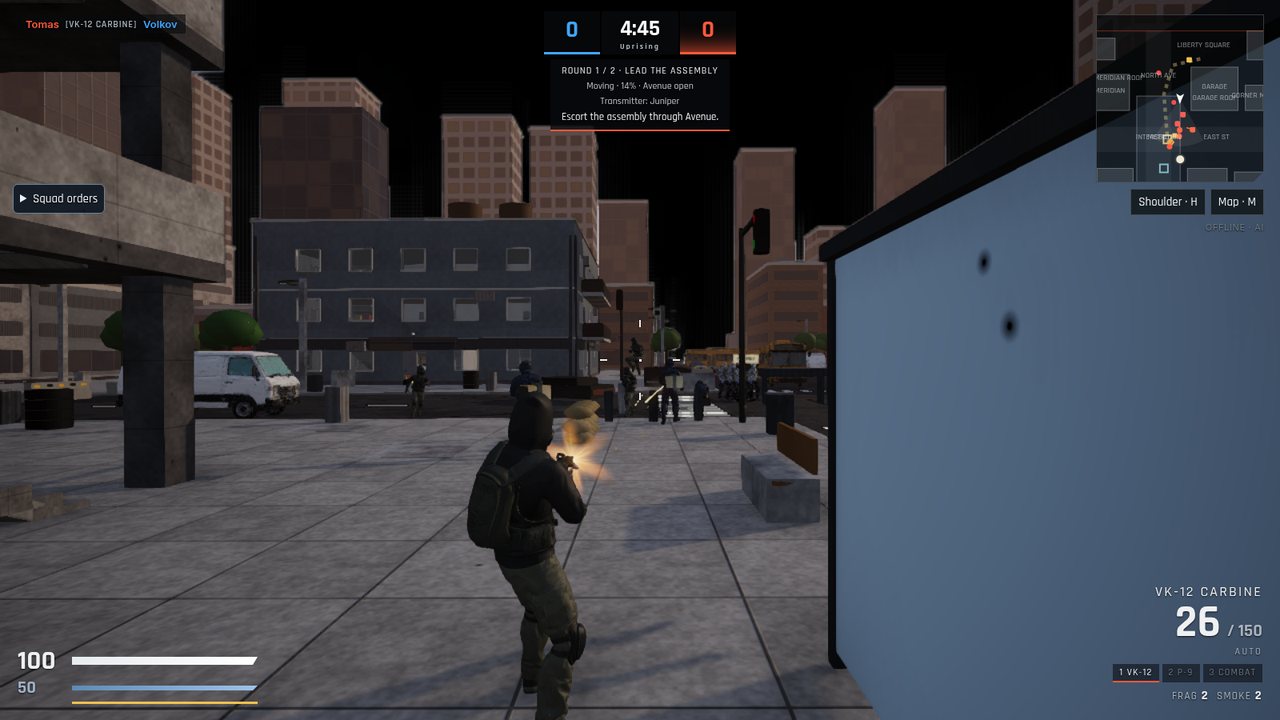 Over the shoulder of a fighter firing a carbine down a city street, with the Uprising objective panel at the top of the screen