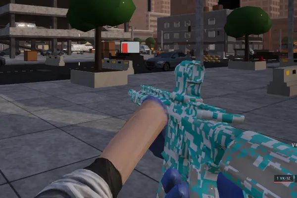 Liberty Teal finish on the VK-12 carbine, first-person view in a match