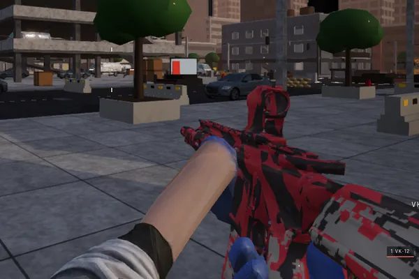 Riot Red finish on the VK-12 carbine, first-person view in a match