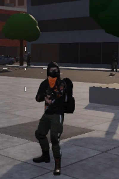 Insurgent supporter look in a match: hooded gas mask, signal-orange bandana and spray paint