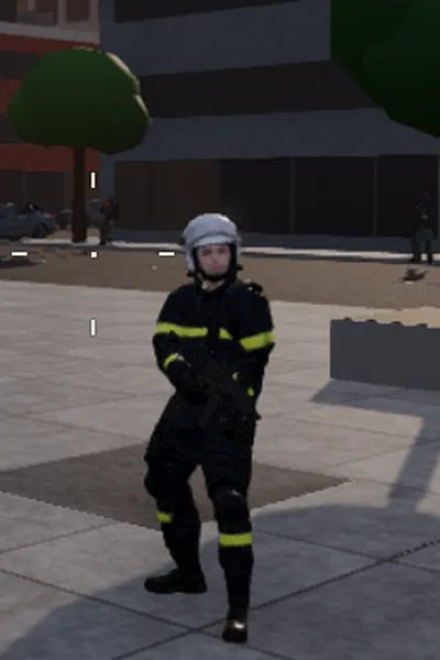 Vanguard supporter look in a match: navy riot armour, white helmet and hi-vis bands